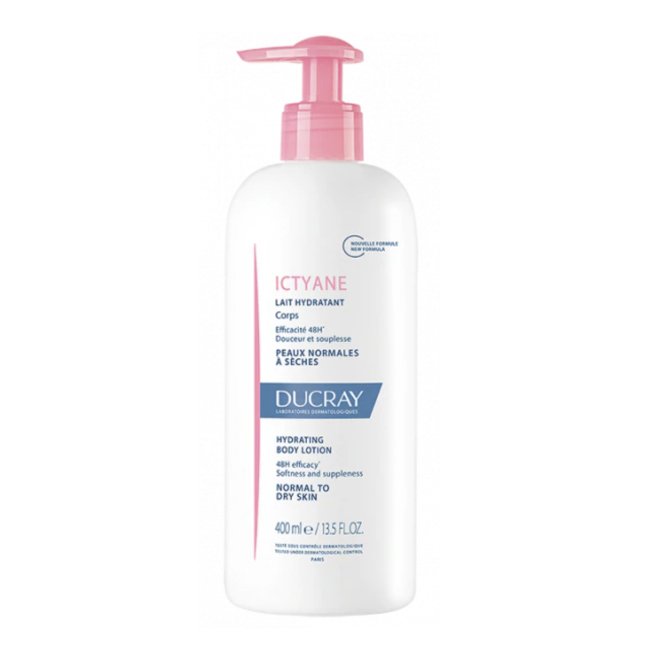 ducrayictyaneleite400 Bottle of Ducray Ictyane Protective Moisturizing Body Milk by Ducray, a fluid body milk indicated for deep hydration and protection.