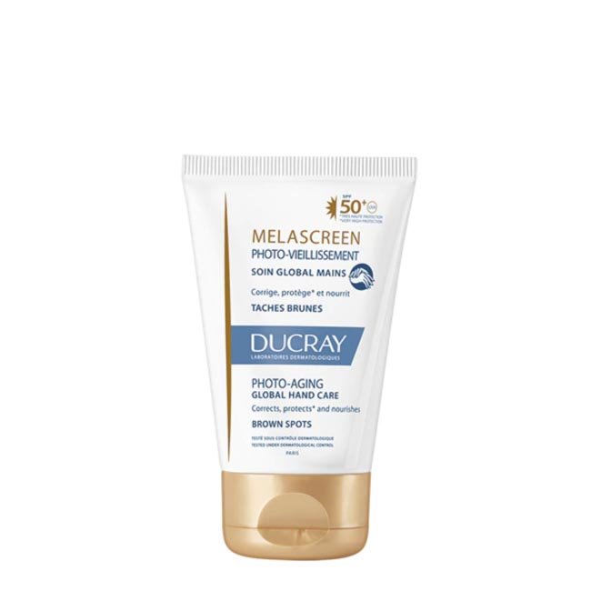 ducraymelascreencrememaos Tube of Ducray Melascreen Photo-Aging Global Hand Care by Ducray, a photoprotective cream indicated for treating sunspots.