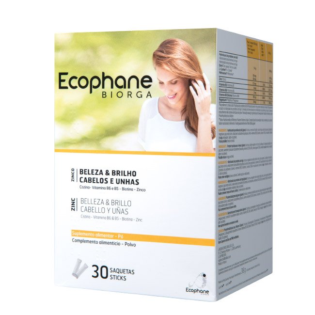 ecophaneposaquetas_1 Sachet of Ecophane Hair and Nails Powder by Ecophane, a fortifying powder indicated for fragile hair and brittle nails.