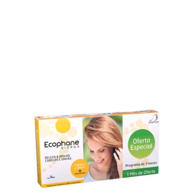 ecophanesuplementofortificantepack Box of Ecophane Fortifying Supplement for Hair and Nails by Ecophane, a tablet indicated for brittle hair and fragile nails.