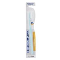 Product  container  of  Elgydium  Clinic  Surgical  15/100  by  Elgydium,  a  soft  toothbrush  indicated  for  gingival  hypersensitivity.