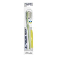 Product  container  of  Elgydium  Clinic  20/100  by  Elgydium,  a  daily  toothbrush  indicated  for  plaque  prevention.