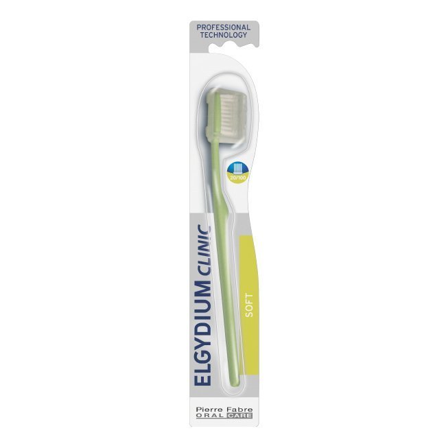 elgydium20-100 Product container of Elgydium Clinic 20/100 by Elgydium, a daily toothbrush indicated for plaque prevention.