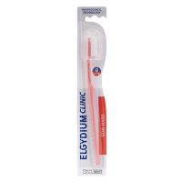 Product  container  of  Elgydium  Clinic  Medium-Hard  25/100  by  Elgydium,  a  medium-hard  toothbrush  indicated  for  daily  hygiene.