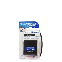Product  container  of  Elgydium  Clinic  Black  Dental  Floss  by  Elgydium,  a  waxed  dental  floss  indicated  for  eliminating  dental  plaque.
