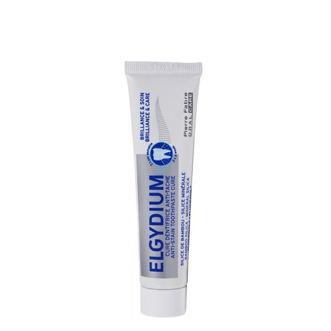 elgydiumbrilhocuidado30ml Tube of Elgydium Brightness and Care Toothpaste by Elgydium, a polishing toothpaste indicated for removing persistent spots.