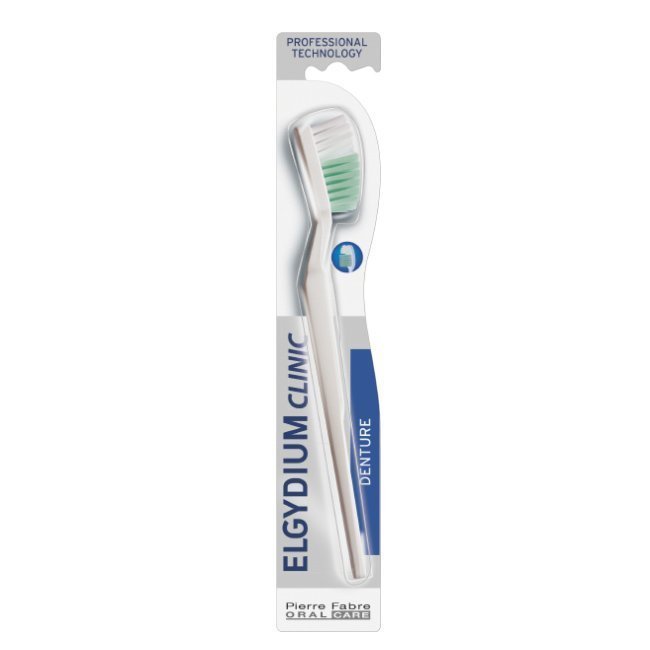 elgydiumclinicescovaprotese Product container of Elgydium Clinic Dental Prosthesis Toothbrush by Elgydium, a toothbrush indicated for removable prostheses.