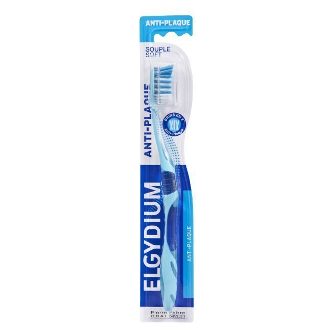 elgydiumescovaantiplacasuave Product container of Elgydium Anti-Plaque Soft Toothbrush by Elgydium, a toothbrush indicated for effective plaque removal.