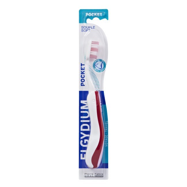 elgydiumescovapocket Product container of Elgydium Pocket Toothbrush Smooth Travel by Elgydium, a toothbrush indicated for complete oral cleaning.