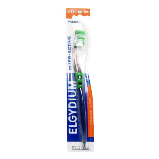 elgydiuminteractiveescovamedia Product container of Elgydium Interactive Medium Toothbrush by Elgydium, a medium toothbrush indicated for complete oral brushing.