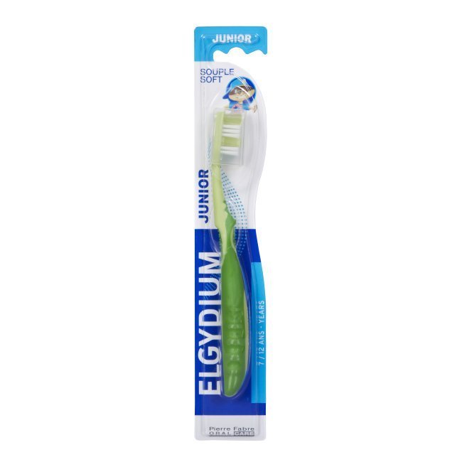 elgydiumjuniorverde Product container of Elgydium Junior Toothbrush by Elgydium, a toothbrush indicated for children first permanent teeth.