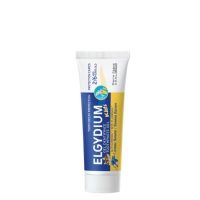 Tube  of  Elgydium  Kids  Banana  Gel  Toothpaste  by  Elgydium,  a  toothpaste  gel  indicated  for  daily  hygiene  and  cavity  prevention.