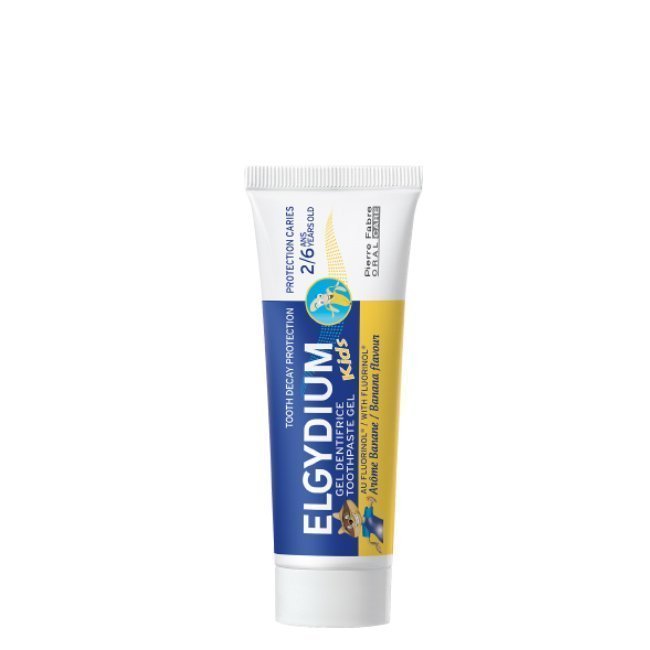 elgydiumkidsbanana50ml Tube of Elgydium Kids Banana Gel Toothpaste by Elgydium, a toothpaste gel indicated for daily hygiene and cavity prevention.