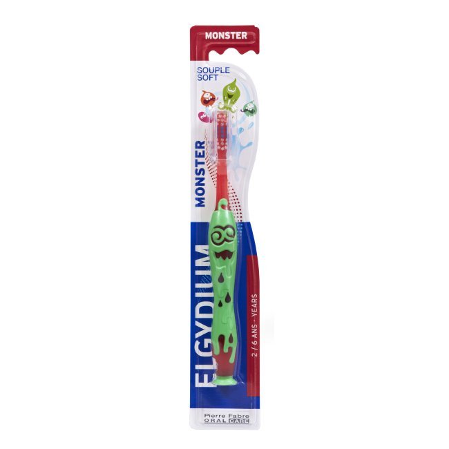elgydiumkidsescovamonsters Product container of Elgydium Kids Toothbrush Monster by Elgydium, a soft toothbrush indicated for gentle oral hygiene in children.