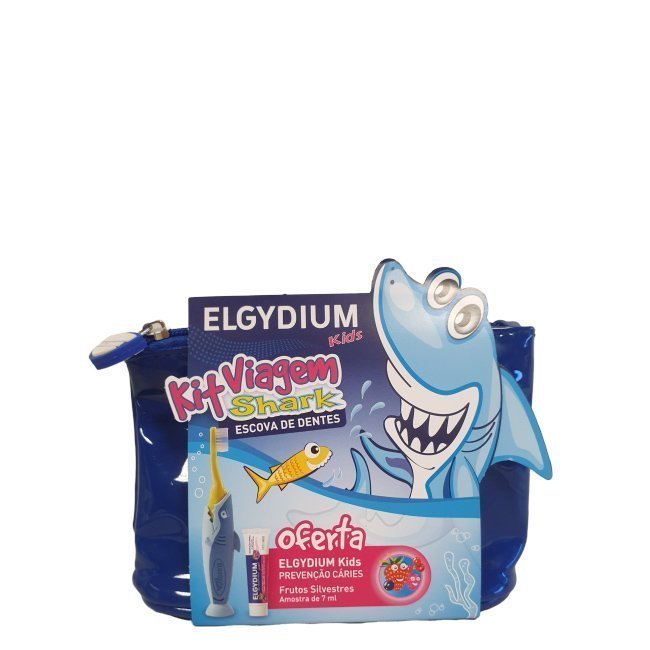 elgydiumkitviagemsharkazulescuro Elgydium Kids Kit Viagem Escova Shark e Gel Dentífrico Frutos Silvestres