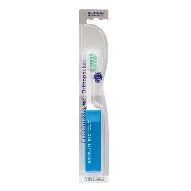 elgydiumorthopocket Product container of Elgydium Clinic Orthopocket Toothbrush by Elgydium, a toothbrush indicated for orthodontic appliances.