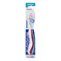 Product  container  of  Elgydium  Pocket  Toothbrush  Travel  Average  by  Elgydium,  a  folding  toothbrush  indicated  for  travel  use.