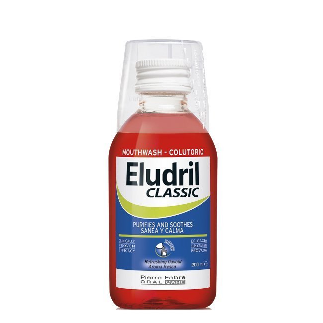 eludrilclassic200ml Bottle of Eludril Classic Mouthwash by Eludril, an antiseptic elixir indicated for treating gingivitis and oral problems.