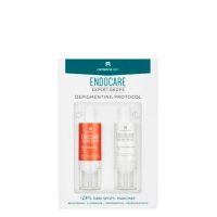Box  of  Endocare  Expert  Drops  Depigment  Protocol  by  Endocare,  a  serum  duo  indicated  for  attenuating  skin  spots  and  marks.