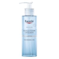Bottle  of  Eucerin  DermatoCLEAN  Hyaluron  Cleansing  Gel  by  Eucerin,  a  gel  cleanser  indicated  for  removing  makeup  and  hydrating  skin.