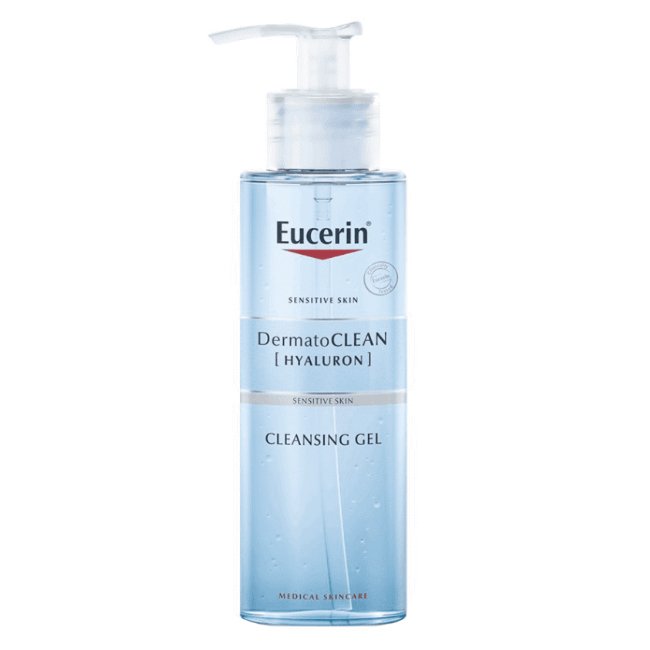 eucerindermatocleanhyalurongel Bottle of Eucerin DermatoCLEAN Hyaluron Cleansing Gel by Eucerin, a gel cleanser indicated for removing makeup and hydrating skin.