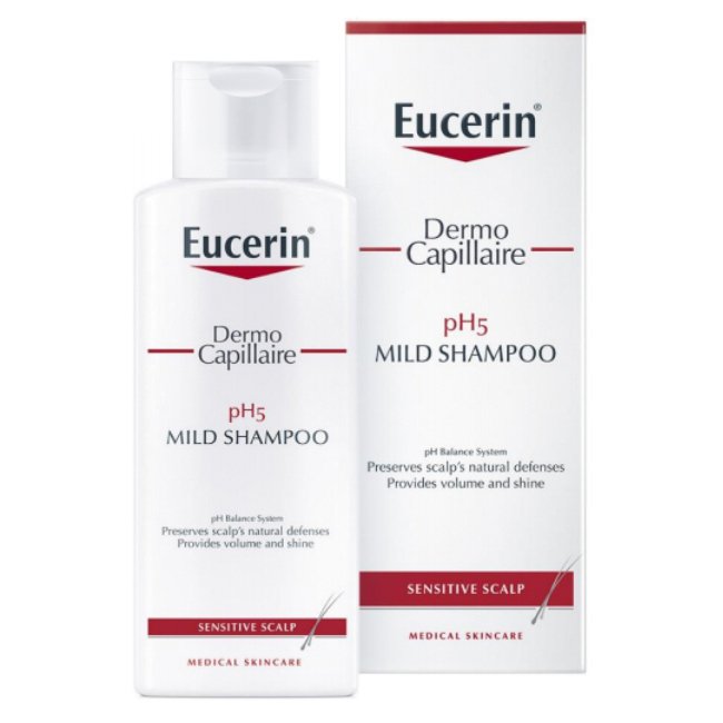 eucerindermocapillaireph5shampoo Bottle of Eucerin Dermo Capillaire pH5 Mild Shampoo by Eucerin, a gentle shampoo indicated for sensitive scalp.