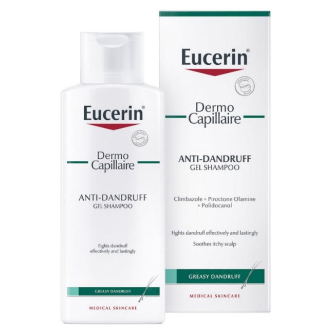 eucerindermocapillaireshampooanticaspa Bottle of Eucerin Dermo Capillaire Gel Shampoo Anti Dandruff by Eucerin, a gel shampoo indicated for oily dandruff.