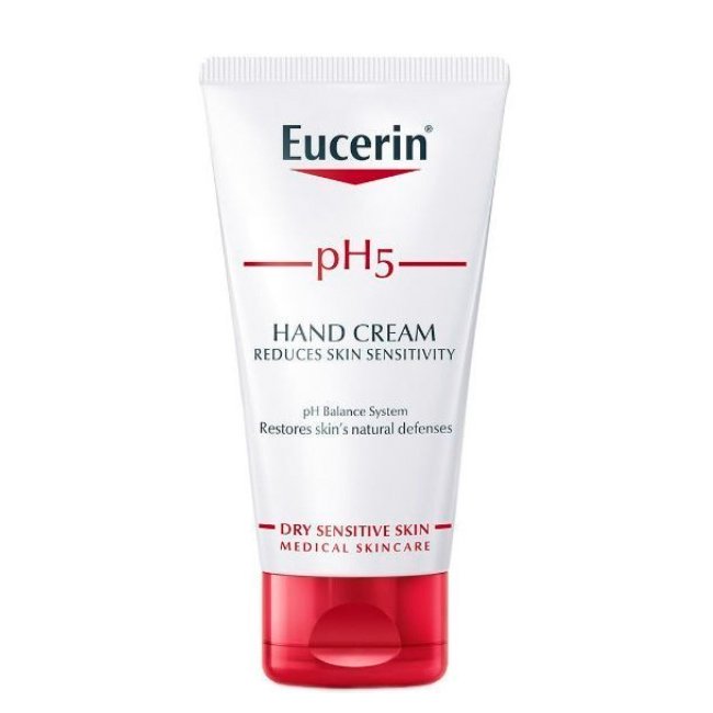 eucerinph5crememaosee Tube of Eucerin pH5 Hand Cream Special Edition by Eucerin, a rich cream indicated for dry and cracked hands.