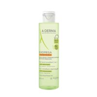 Bottle  of  A-Derma  Exomega  Emollient  Cleansing  Gel  Hair  and  Body  by  A-Derma,  a  gel  indicated  for  sensitive  baby  skin.