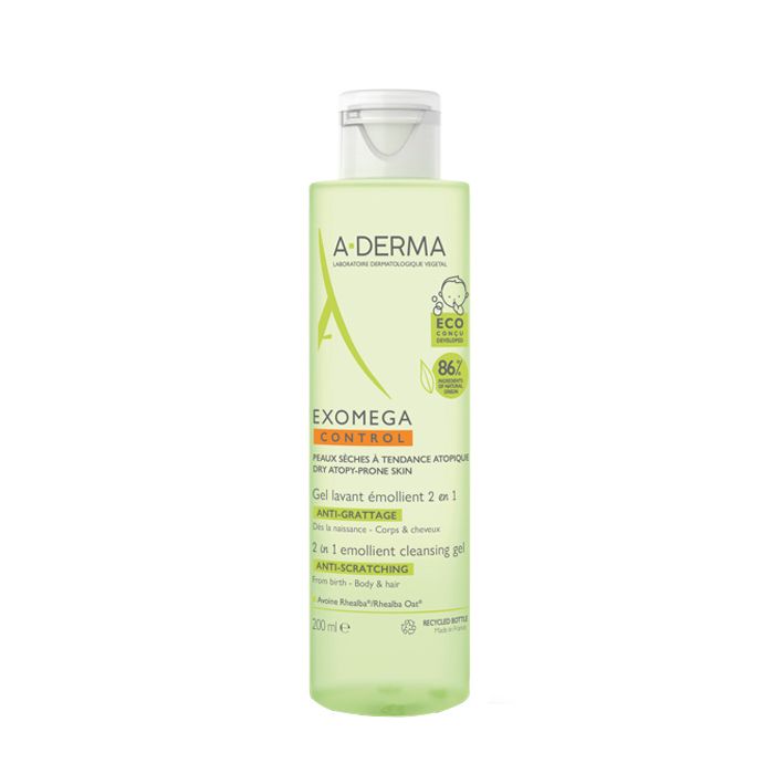 exomegacontrolgellavante2em1eco200ml Bottle of A-Derma Exomega Emollient Cleansing Gel Hair and Body by A-Derma, a gel indicated for sensitive baby skin.