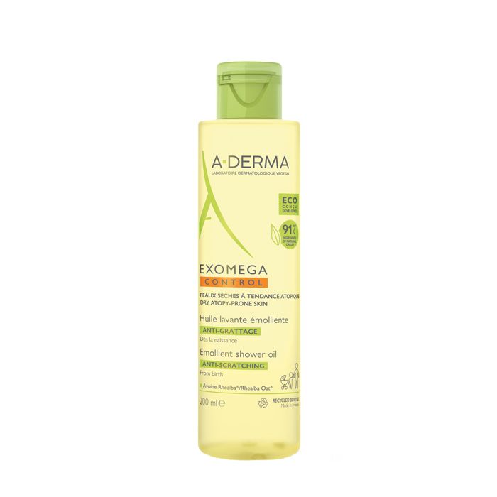 exomegacontrololeoducheeco200ml_1 Bottle of A-Derma Exomega Control Emollient Shower Gel Anti-Scratching by A-Derma, a shower oil indicated for atopic skin.
