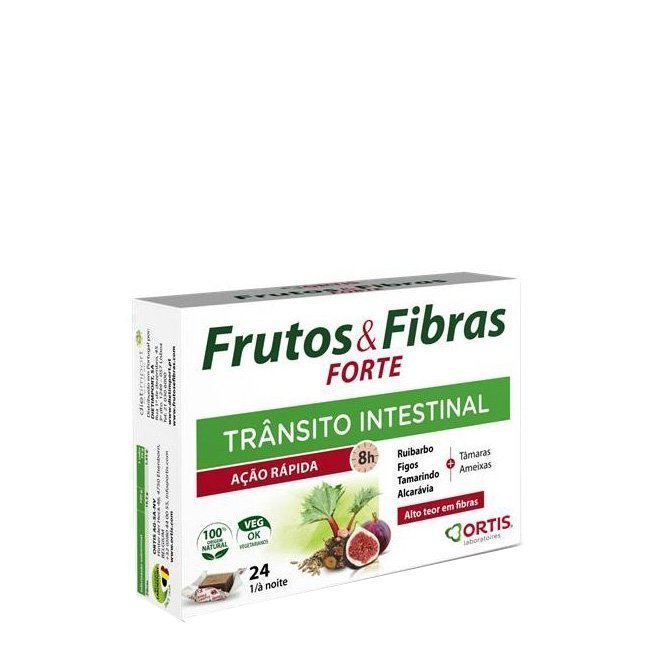 frutosefibrascubosefeitorapido Box of Fruits and Fibers Fast Effect In Cubes by Ortis, a chewable supplement indicated for constipation and intestinal transit.