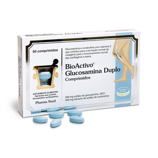glucosaminaduplo_60 Box of Bioactivo Glucosamine Double Tablets by Bioactivo, a tablet supplement indicated for joint health and cartilage repair.