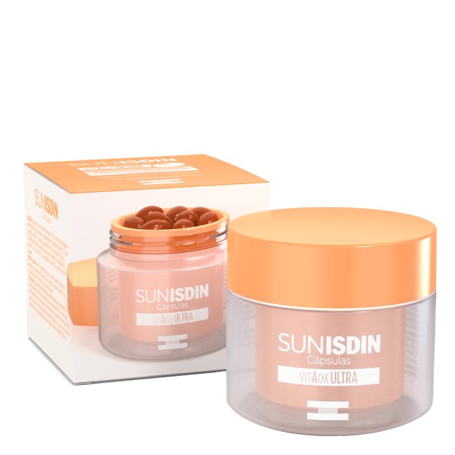 isdin sun VitAox Ultra capsules 30pc Box of Isdin SunISDIN Photoprotection Capsules by Isdin, a supplement indicated for preparing and protecting the skin from sun exposure.