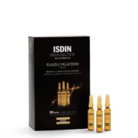 Box  of  ISDIN  Flavo-C  Melatonin  Night  Recovery  Serum  Ampoules  by  ISDIN,  a  serum  indicated  for  antioxidant  defense  and  firmness.