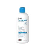 Bottle of ISDIN Nutratopic Pro-AMP Emollient Bath Gel for Atopic Skin by ISDIN, a gel indicated for atopic skin hygiene.