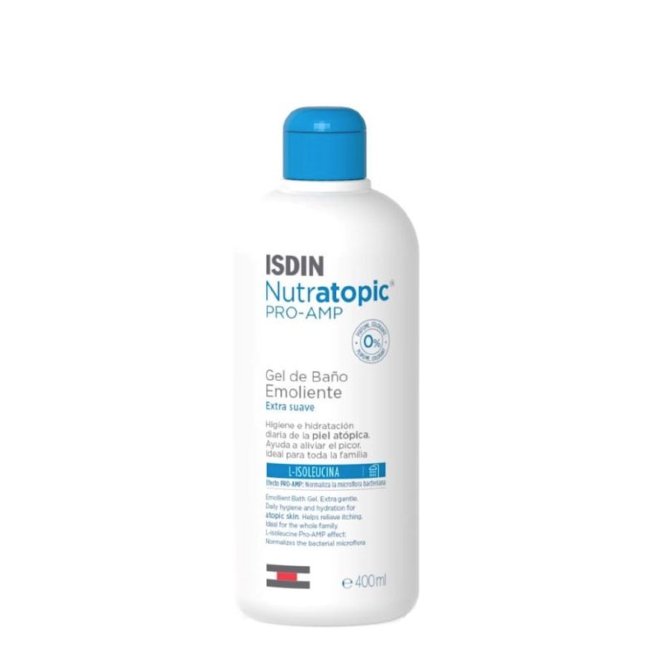 isdinnutratopicporampgelbanho400 Bottle of ISDIN Nutratopic Pro-AMP Emollient Bath Gel for Atopic Skin by ISDIN, a gel indicated for atopic skin hygiene.