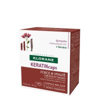 Box  of  Klorane  Keratin  Hair  and  Nails  by  Klorane,  a  dietary  supplement  indicated  for  combating  reactive  hair  loss  and  strengthening.