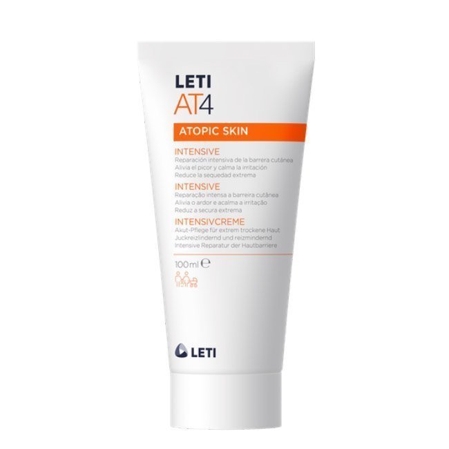letiat4atopicskinintensive Tube of LetiAT4 Intensive Atopic Skin Cream by Leti, an emollient cream indicated for outbreaks of atopic skin.