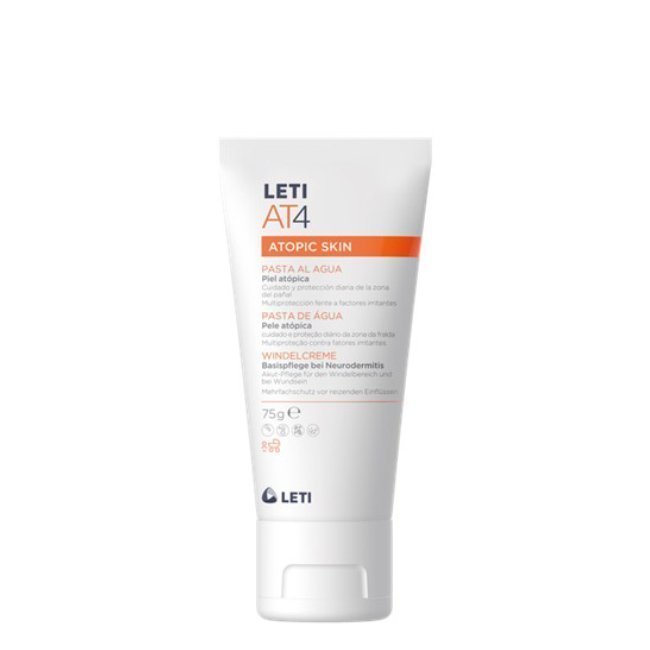 letiat4pastadeagua75gr Tube of LetiAT4 Atopic Skin Water Paste by LetiAT4, a creamy paste indicated for protecting the diaper area of babies.