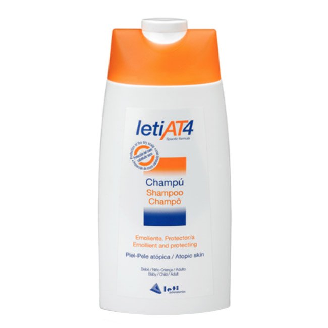 letiat4shampoo Bottle of LetiAT4 Soft Shampoo Atopic Skin by Leti, a mild shampoo indicated for dry and atopic hair and scalp.