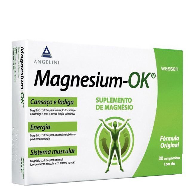 magnesiumokcomprimidos Box of Magnesium-OK Food Supplement Tablets by Magnesium-OK, a supplement indicated for muscle fatigue and cramps.