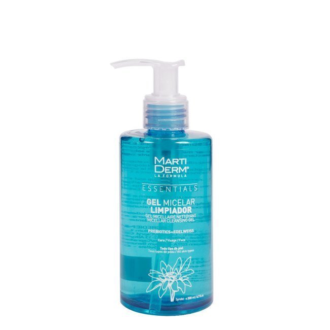 martidermessentialsgelmicelar Bottle of Martiderm Essentials Cleansing Micellar Gel by Martiderm, a micellar gel indicated for purifying normal to oily skin.