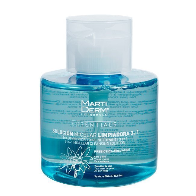 martidermessentialssolucaomicelar Bottle of Martiderm Essentials 3-in-1 Micellar Cleansing Solution by Martiderm, a solution indicated for purifying the face.
