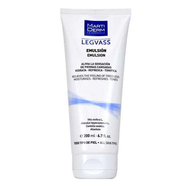 martidermlegvassemulsao Bottle of Martiderm Legvass Emulsion by Martiderm, a refreshing emulsion indicated for the relief of tired legs.
