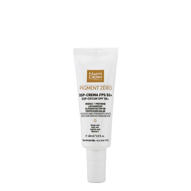 martidermpigmentzerodspcremesppf50_ Tube of Martiderm Pigment Zero Depigmenting Cream SPF50 by Martiderm, a day cream indicated for attenuating facial hyperpigmentation.
