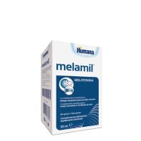 Bottle  of  Melamil  Food  Supplement  with  Melatonin  by  Melamil,  a  liquid  supplement  indicated  for  the  induction  of  sleep.
