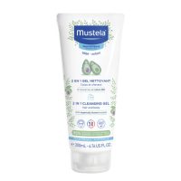 Bottle  of  Mustela  Baby  2  in  1  Cleansing  Gel  Hair  and  Body  by  Mustela,  a  washing  gel  indicated  for  baby  skin  and  hair.