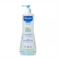 Bottle  of  Mustela  Baby  Cleansing  Water  No  Rinse  by  Mustela,  a  micellar  water  indicated  for  cleaning  baby  face  and  body.