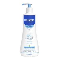 Bottle  of  Hydra  Baby  Moisturizing  Milk  by  Mustela,  a  body  cream  indicated  for  moisturizing  baby  and  newborn  sensitive  skin.